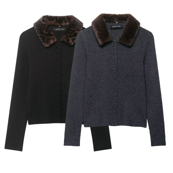 Women's fine-knit cardigan with faux fur collar and concealed button placket Mune Fashion