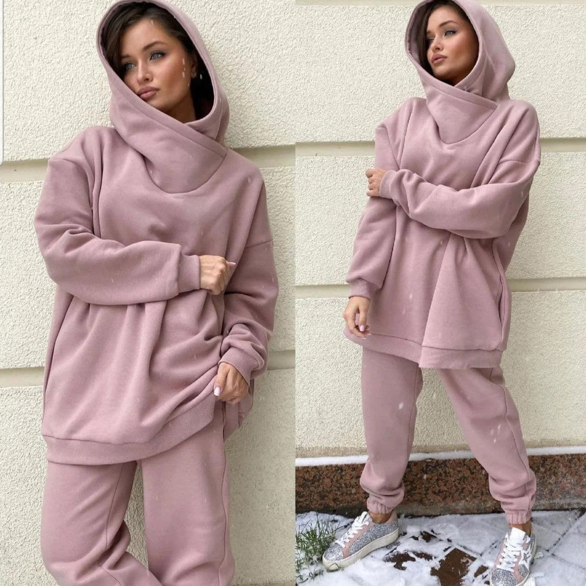Women's Oversize Hoodie Set with Funnel Neck and Thermally Lined Jogging Pants Mune Fashion