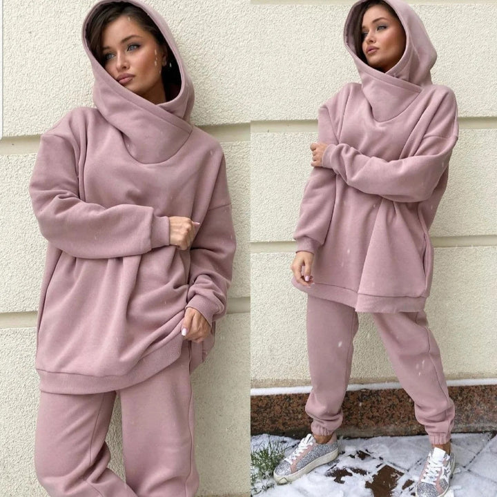 Women's Oversize Hoodie Set with Funnel Neck and Thermally Lined Jogging Pants Mune Fashion