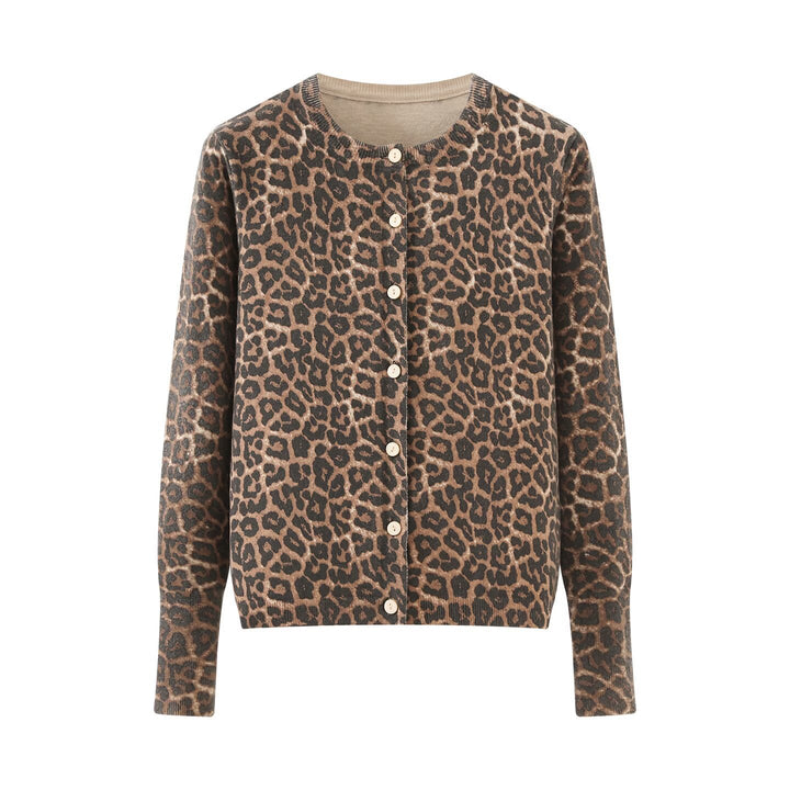 Ladies fine knit cardigan with leopard print, round neck and continuous button placket Mune Fashion