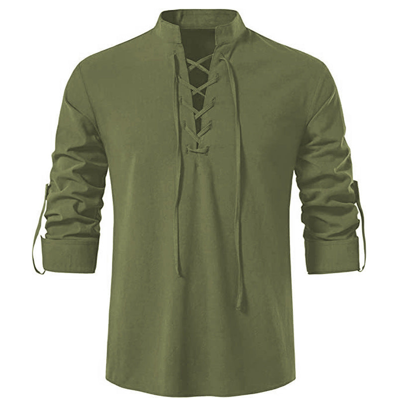 Men's casual lace-up shirt with stand-up collar, linen-cotton blend and roll-up sleeve tabs Mune Fashion