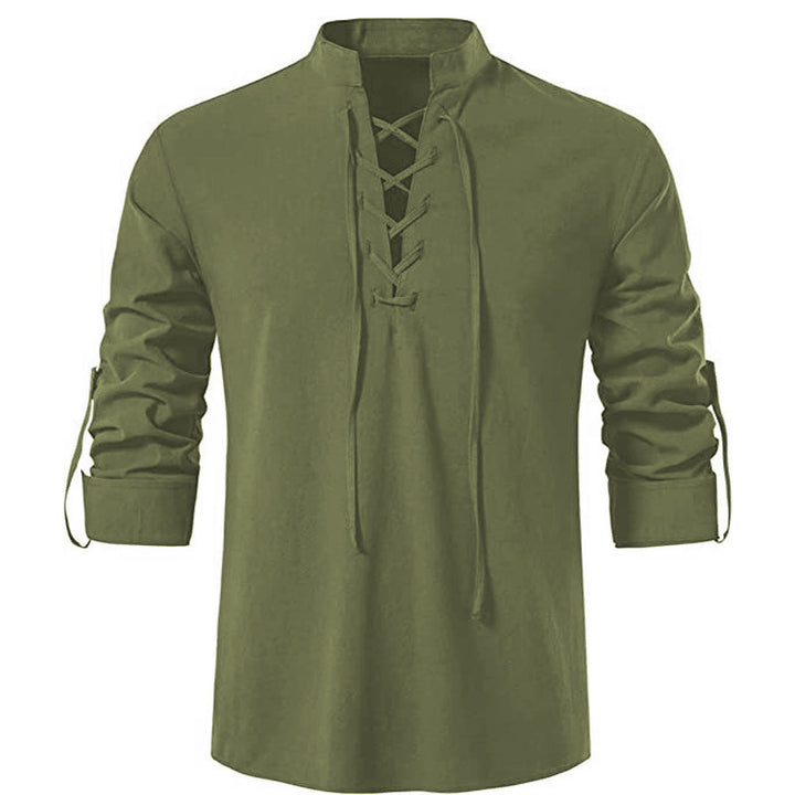 Men's casual lace-up shirt with stand-up collar, linen-cotton blend and roll-up sleeve tabs Mune Fashion