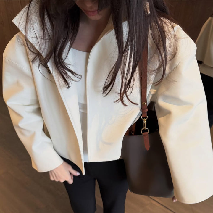 Women's Short Boxy Faux Leather Jacket with Distinctive Stand-Up Collar Mune Fashion
