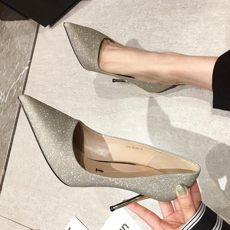 Ladies glamorous lace stiletto pumps with glitter surface and ergonomic comfort insole Mune Fashion