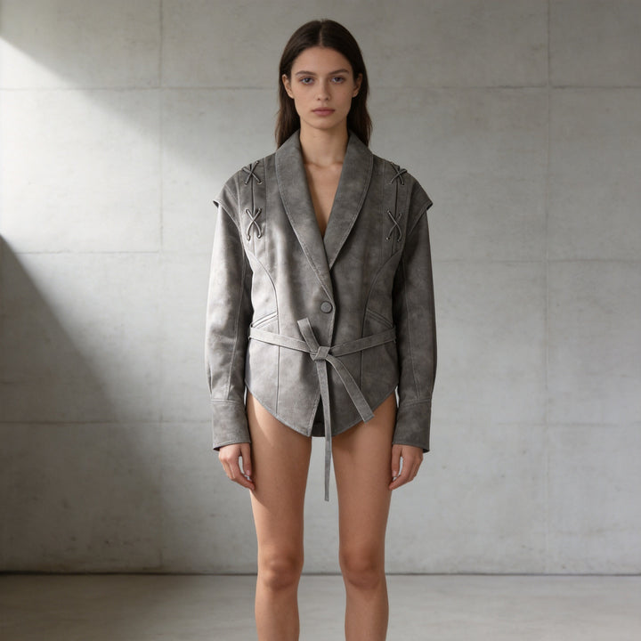 Women's Tailored Suede Blazer with Tie Belt and Lacing Detail Mune Fashion