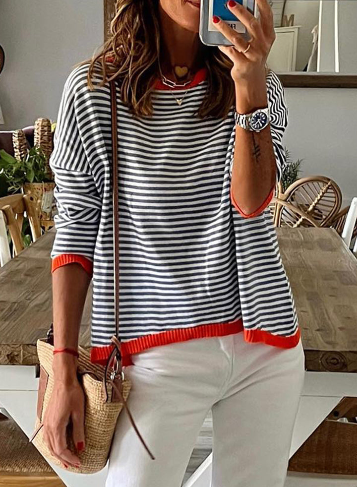 Women's striped cotton sweater with round neckline, casual fit and ribbed finishes Mune Fashion