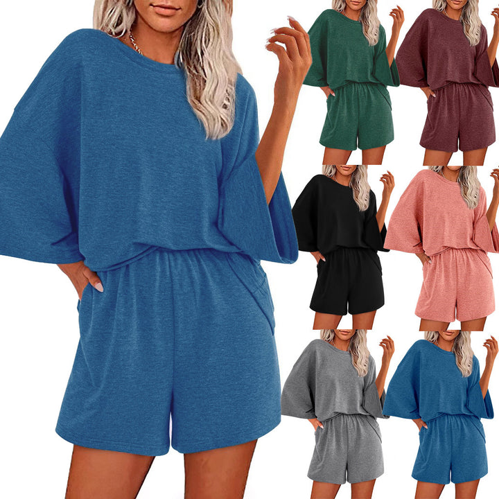 Women's Oversized Batwing Short-Sleeve Lounge Top and Elastic-Waist Shorts Set Mune Fashion