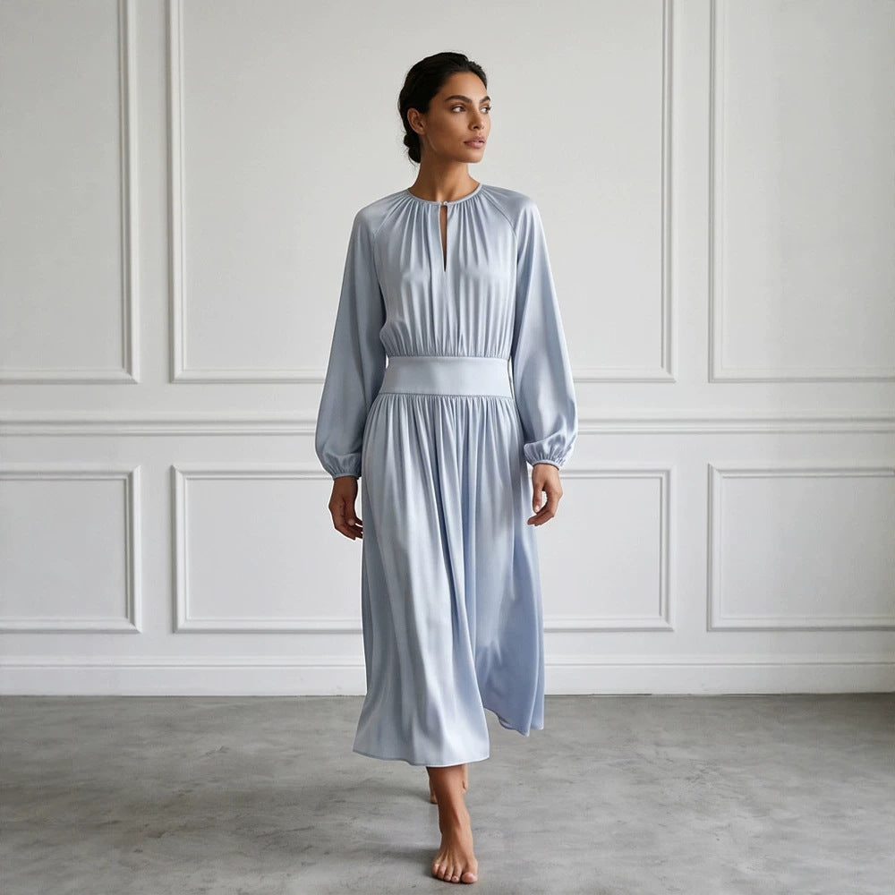 Women's Flowing Midi Dress with Wide Waistband, Gathered Top and Balloon Sleeves Mune Fashion