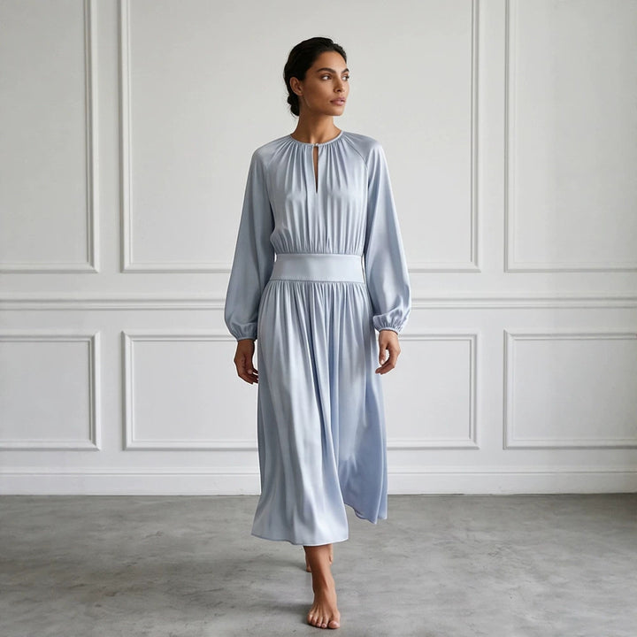 Women's Flowing Midi Dress with Wide Waistband, Gathered Top and Balloon Sleeves Mune Fashion