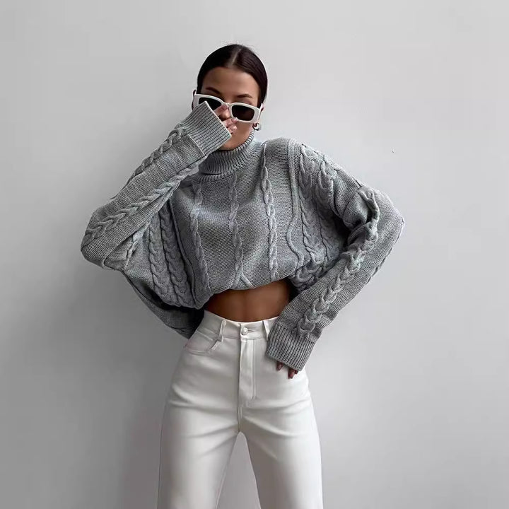 Womens chunky knit turtleneck sweater with cable knit details Mune Fashion