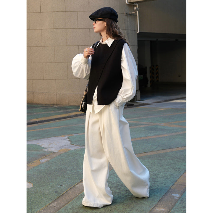 Women's Asymmetrical Knit Vest with Draped Front and Round Neck