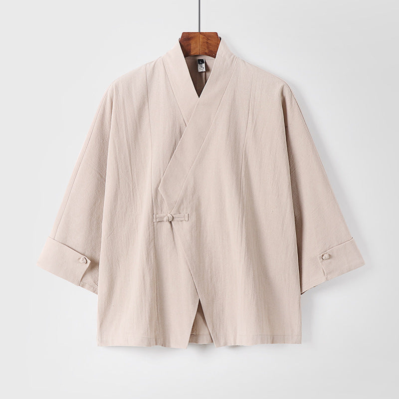 Men's Linen Kimono Jacket with Traditional Knot Closure and Medium-Length Sleeves Mune Fashion