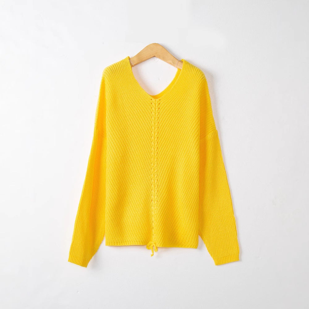 Women's knit sweater with cable center seam, V-neck and drawstring Mune Fashion