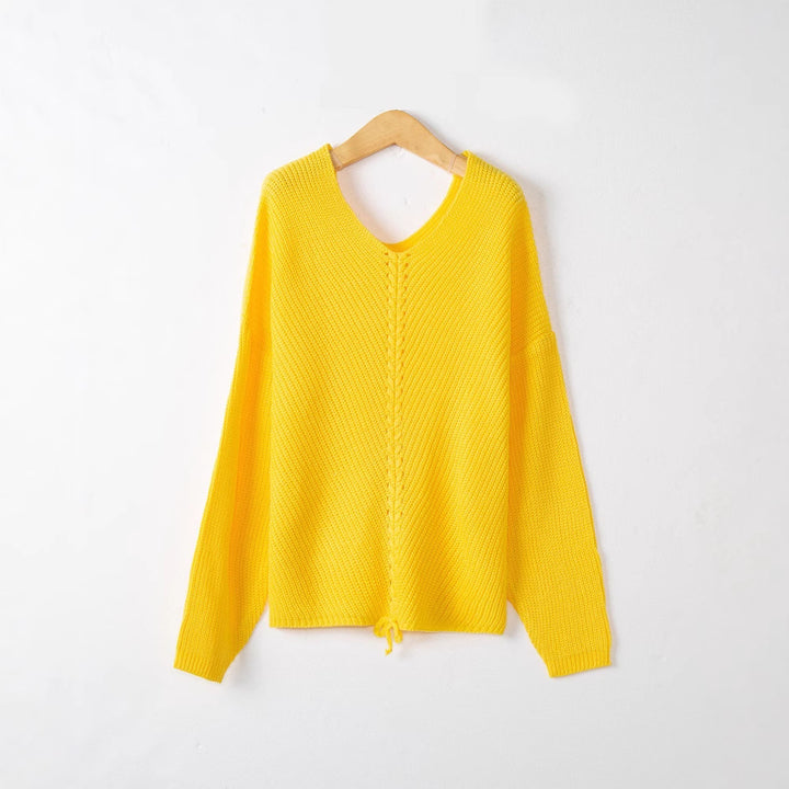 Women's knit sweater with cable center seam, V-neck and drawstring Mune Fashion