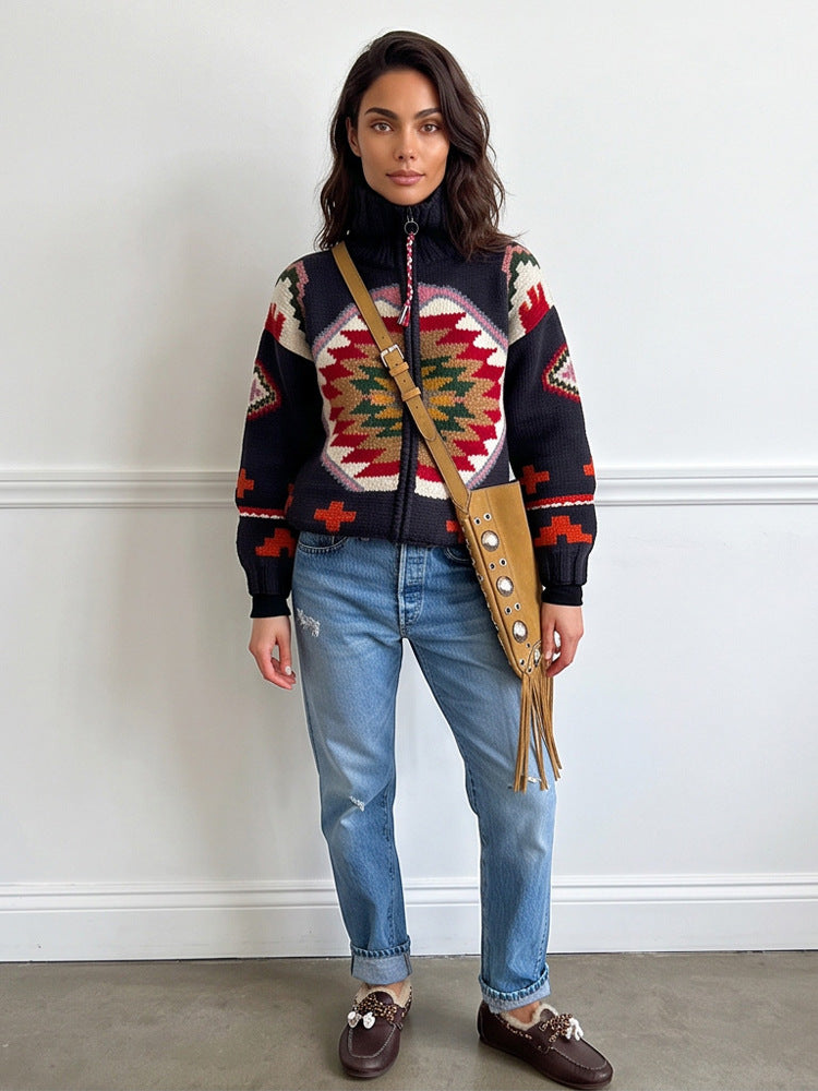 Women's Jacquard Cardigan with Navajo Pattern, Zipper and High Collar Mune Fashion