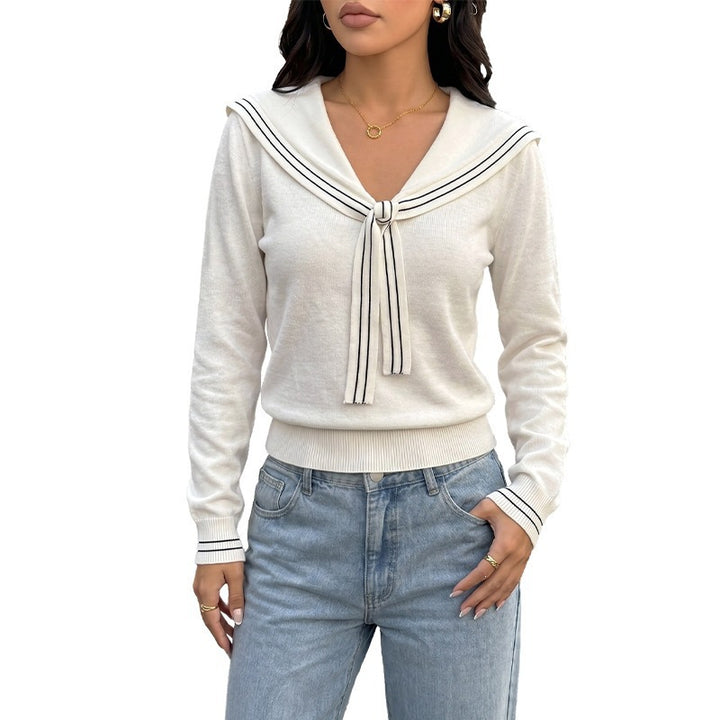 Women Sailor Collar Sweater with Bow Detail and Fine Ribbed Hem Mune Fashion