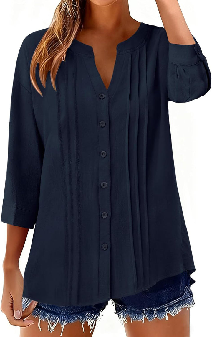 Women Loose Tunic Shirt with Pleats and Three-Quarter Sleeves Mune Fashion