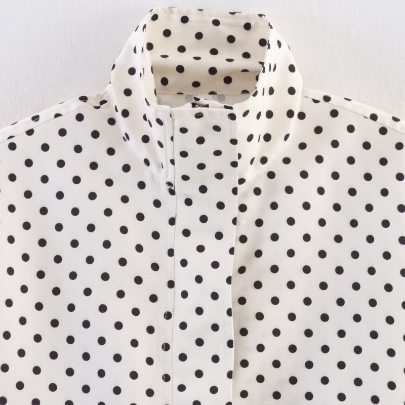 Women's Cropped Quilted Jacket with Polka Dot Print, Stand Collar and Drawstring Mune Fashion