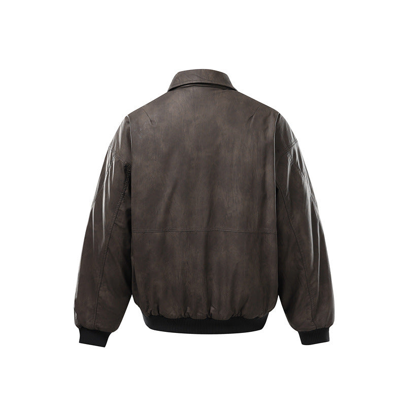 Men's Short Boxy Vintage Leather Look Blouson with Ribbed Cuffs and Large Flap Pockets Mune Fashion