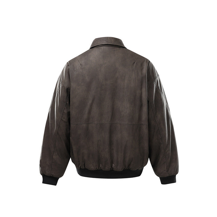 Men's Short Boxy Vintage Leather Look Blouson with Ribbed Cuffs and Large Flap Pockets Mune Fashion