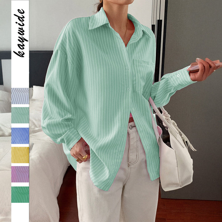 Women's slightly tailored long blouse with Kent collar, breast pocket, and fine pinstripes Mune Fashion