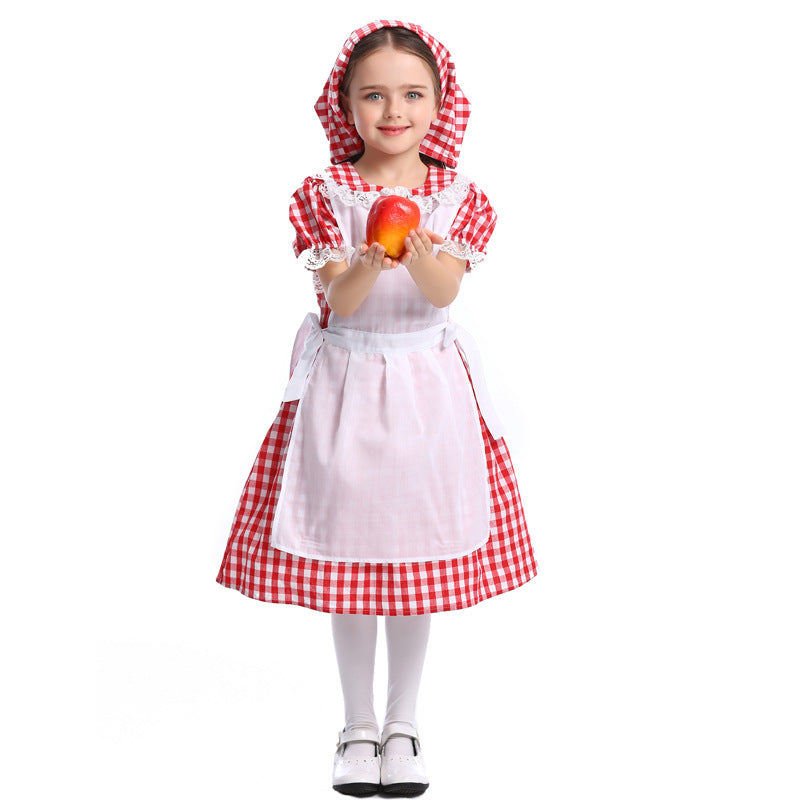 Ladies traditional farmer girl dress with lace apron and hood Mune Fashion