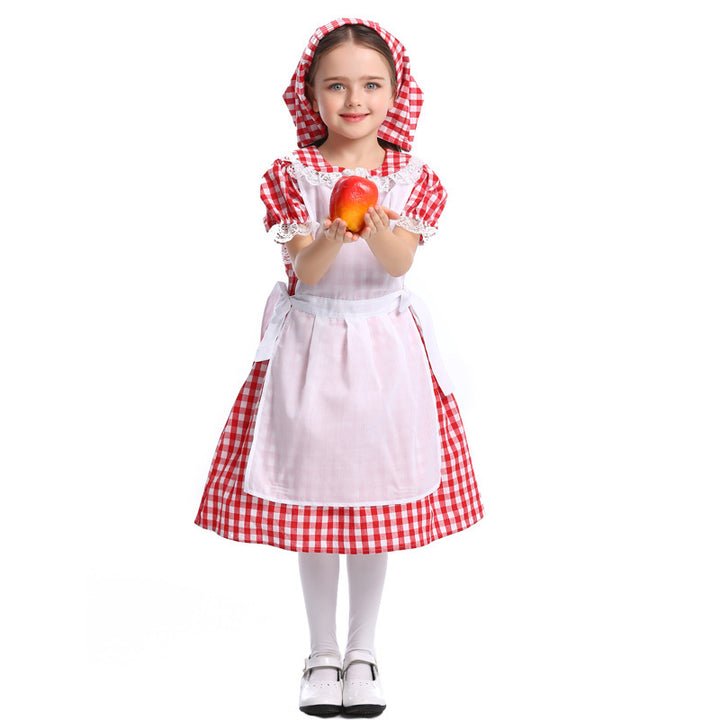 Ladies traditional farmer girl dress with lace apron and hood Mune Fashion