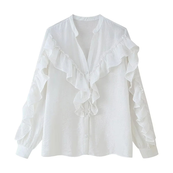 Ladies' romantic ruffle blouse with stand-up collar, concealed button placket, and long sleeve ruffles Mune Fashion