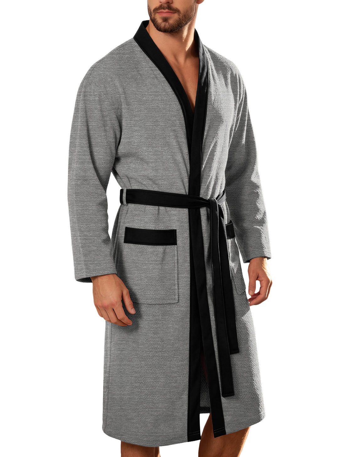 Men's lightweight cotton kimono bathrobe with waffle texture and patch pockets Mune Fashion