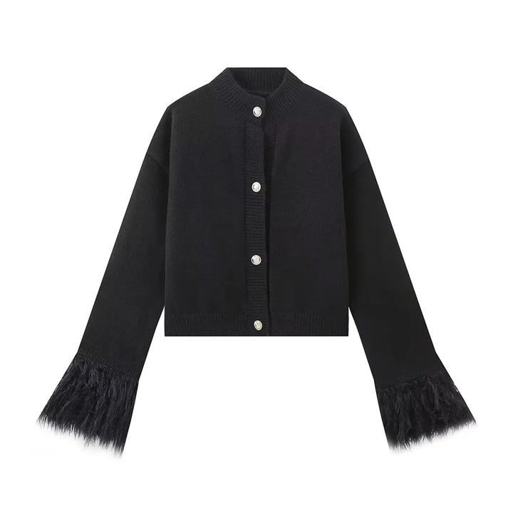Women's 300+ Cropped Cardigan with Fringe Sleeves and Bead Button Placket Mune Fashion