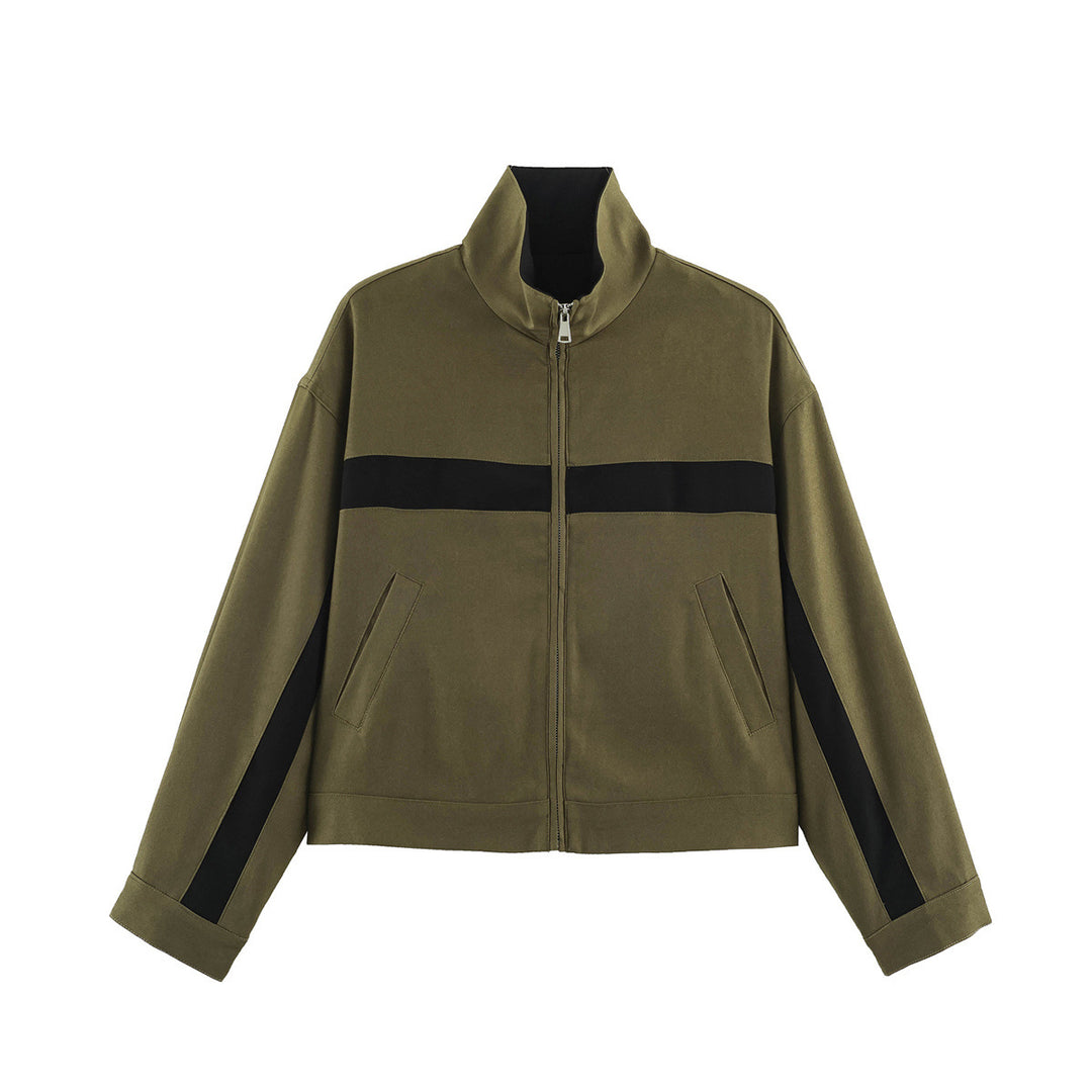 Ladies Cropped Track Jacket with Stand-up Collar, Zipper and Side Contrast Stripes Mune Fashion