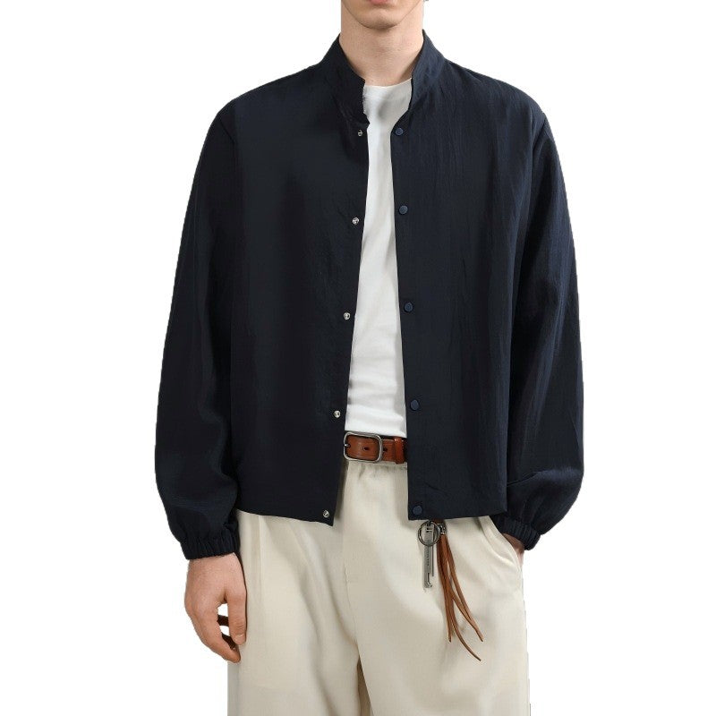 Men's Light Oversized Shirt Jacket with Stand Collar and Snap Button Closure Mune Fashion