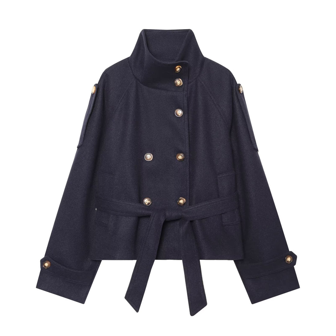 Women Short Double-Breasted Wool Blend Cape Jacket with Stand Collar and Waist Belt Mune Fashion