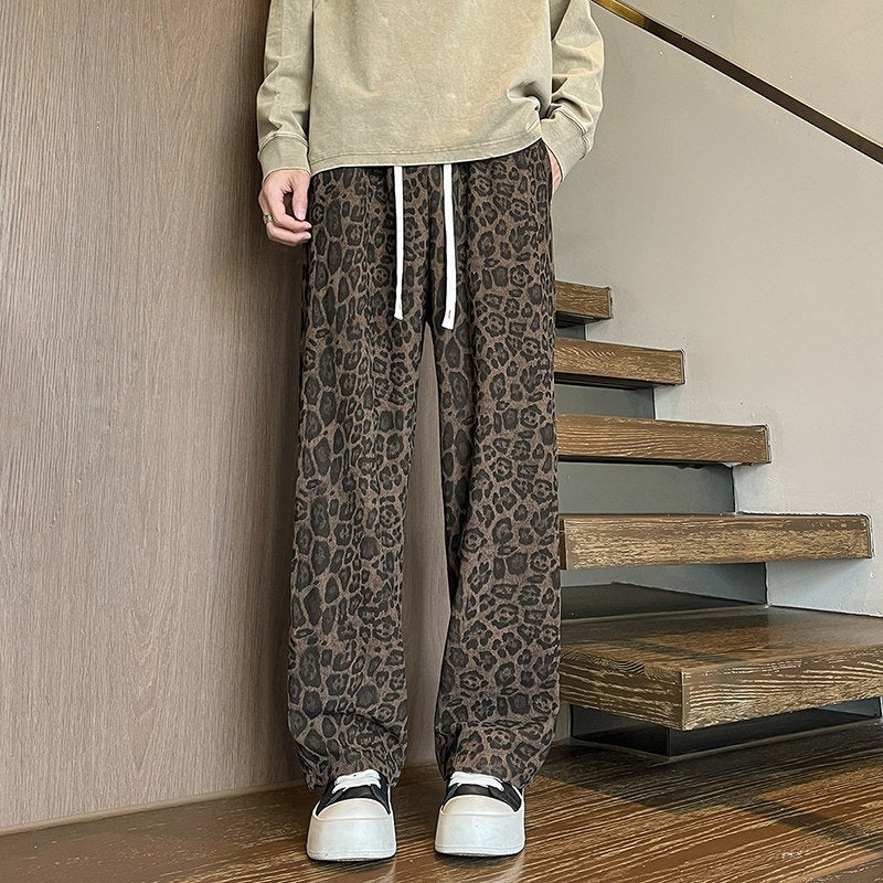 Men's Loose Fit Leopard Print Pants made of Lightweight Viscose Blend with Drawstring Mune Fashion