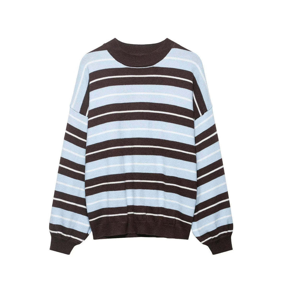 Women Oversized Stripe Sweater with Dropped Shoulders and Balloon Sleeves Mune Fashion