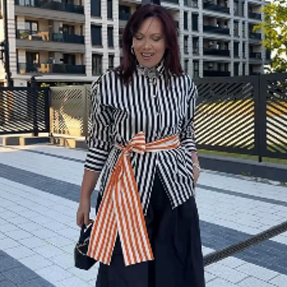 Women Vertical Striped Oversize Shirt Blouse with Boxy Silhouette and Tie Belt Mune Fashion