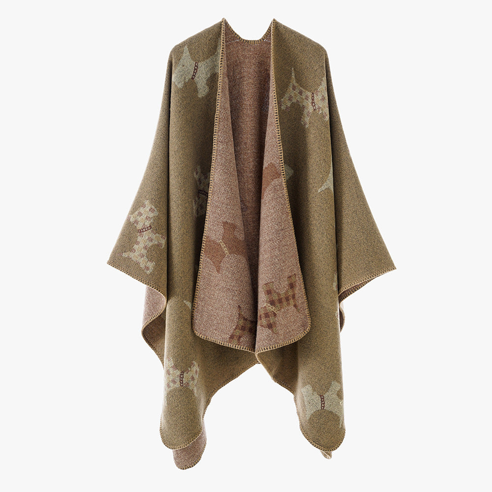 Women Oversized Poncho with jacquard woven Terrier motif and contrasting lining Mune Fashion