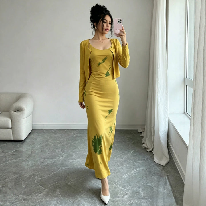 Women’s Midi Dress Set with Short Cardigan and Figure-Flattering Silhouette Mune Fashion