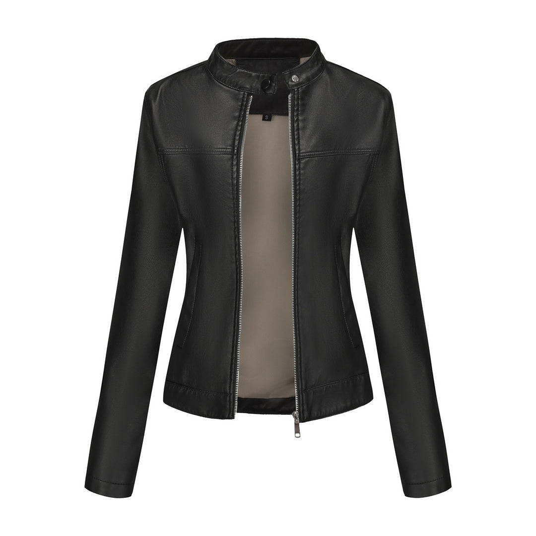 Ladies' tailored faux leather jacket with stand-up collar, concealed zipper, and clean minimal design Mune Fashion