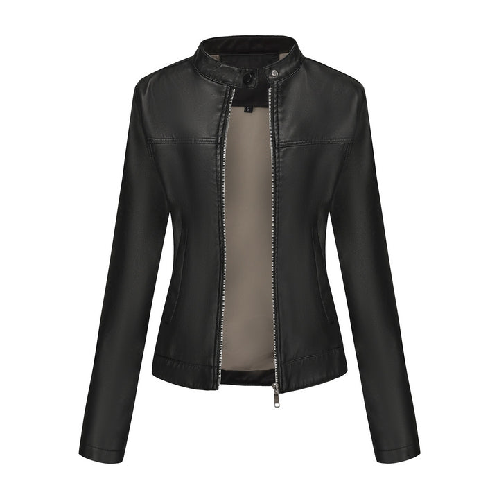 Ladies' tailored faux leather jacket with stand-up collar, concealed zipper, and clean minimal design Mune Fashion