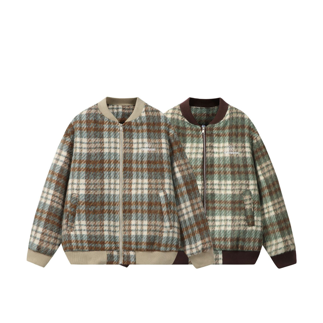 Unisex Short boxy cut wool mix bomber with check pattern and ribbed cuff Mune Fashion