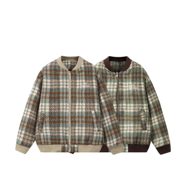 Unisex Short boxy cut wool mix bomber with check pattern and ribbed cuff Mune Fashion