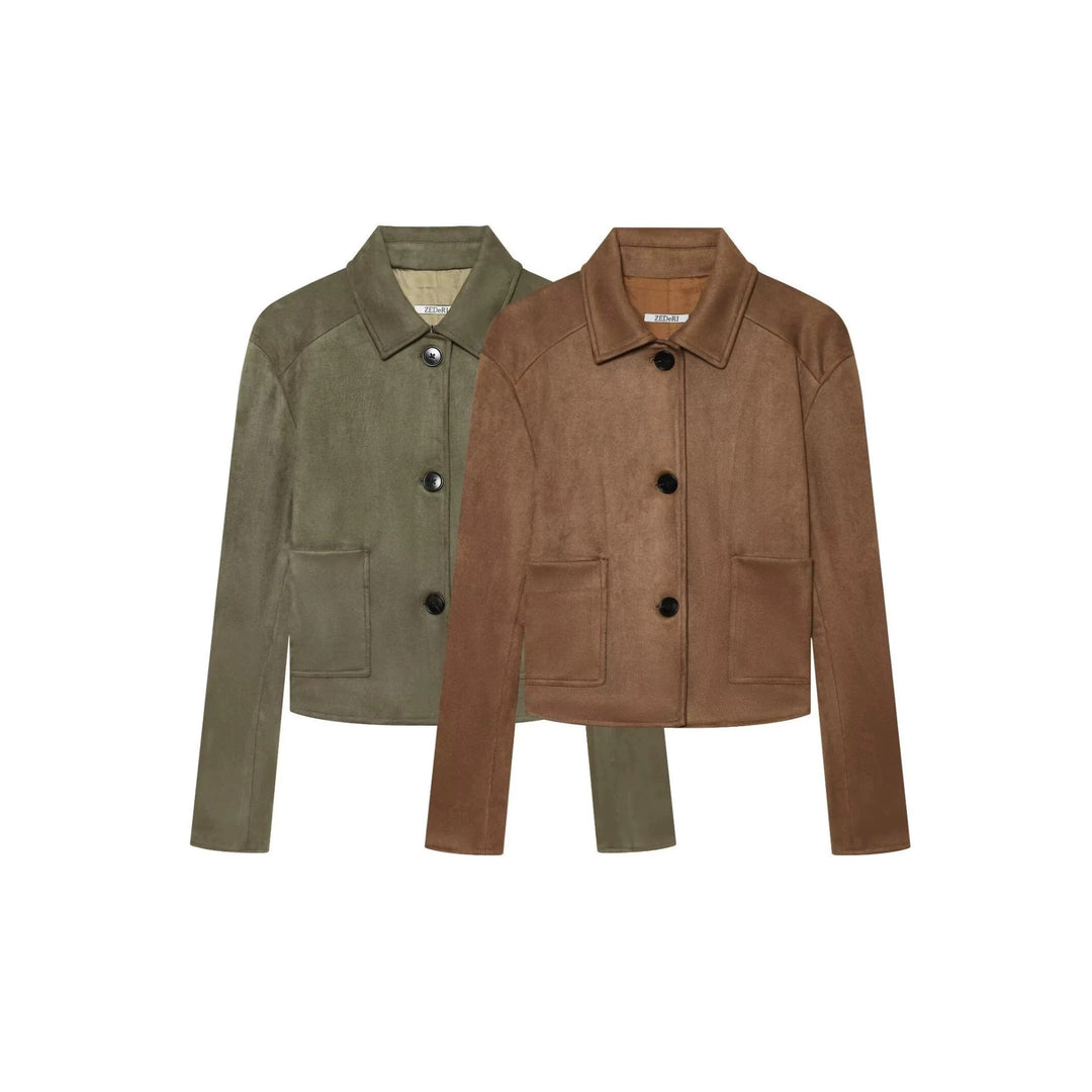 Women's short jacket made of suede imitation with shirt collar and patch pockets Mune Fashion