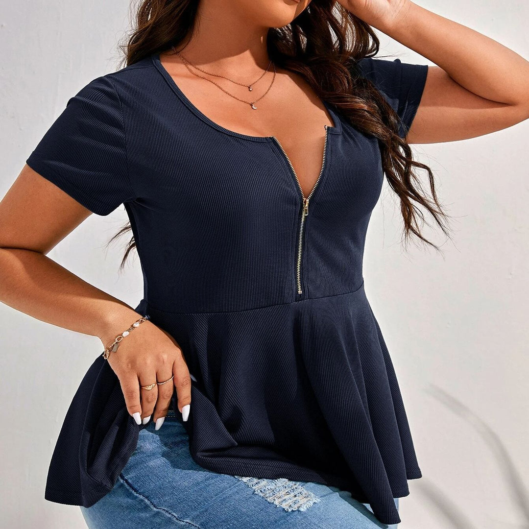 Ladies Ribbed Zip Peplum Top with Deep V Neck Mune Fashion