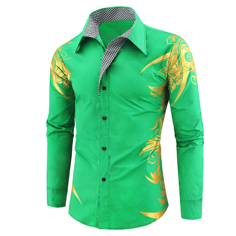 Men's Fitted Button-Down Shirt with Gold-Embellished Ornamentation and Contrasting Inner Collar Mune Fashion