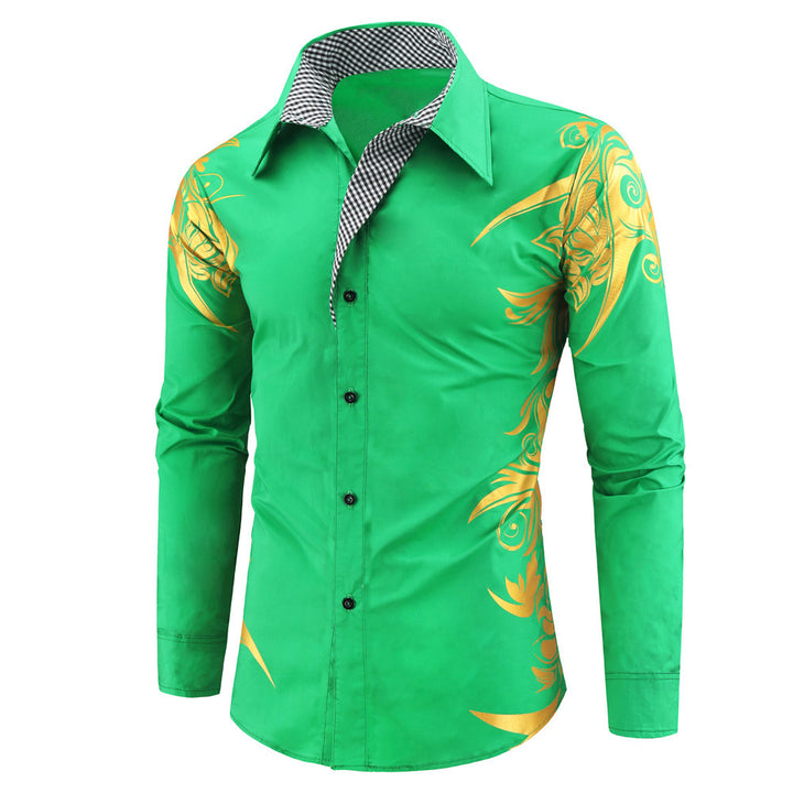 Men's Fitted Button-Down Shirt with Gold-Embellished Ornamentation and Contrasting Inner Collar Mune Fashion