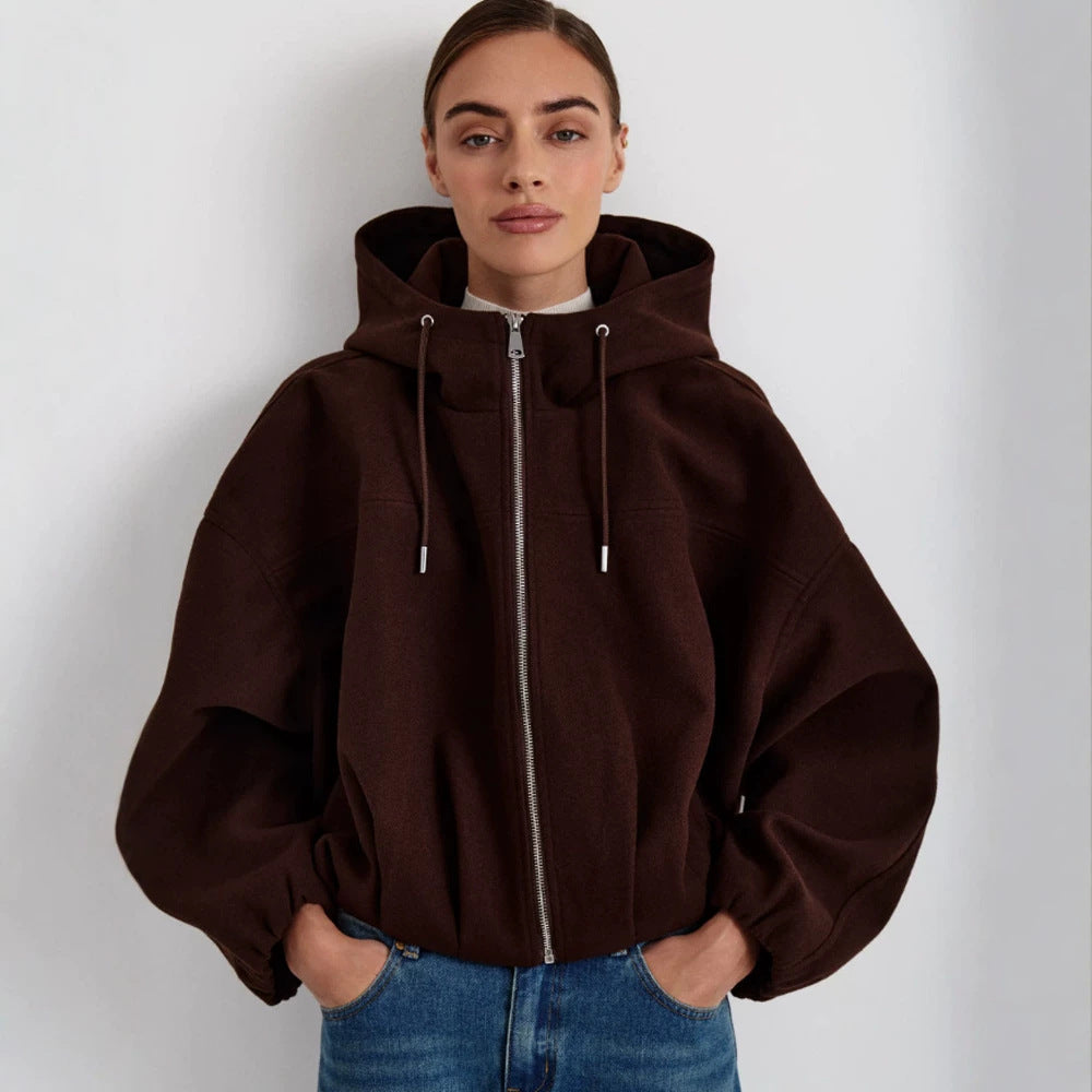 Women’s short jacket made of wool blend with hood, boxy silhouette & gathered hem Mune Fashion