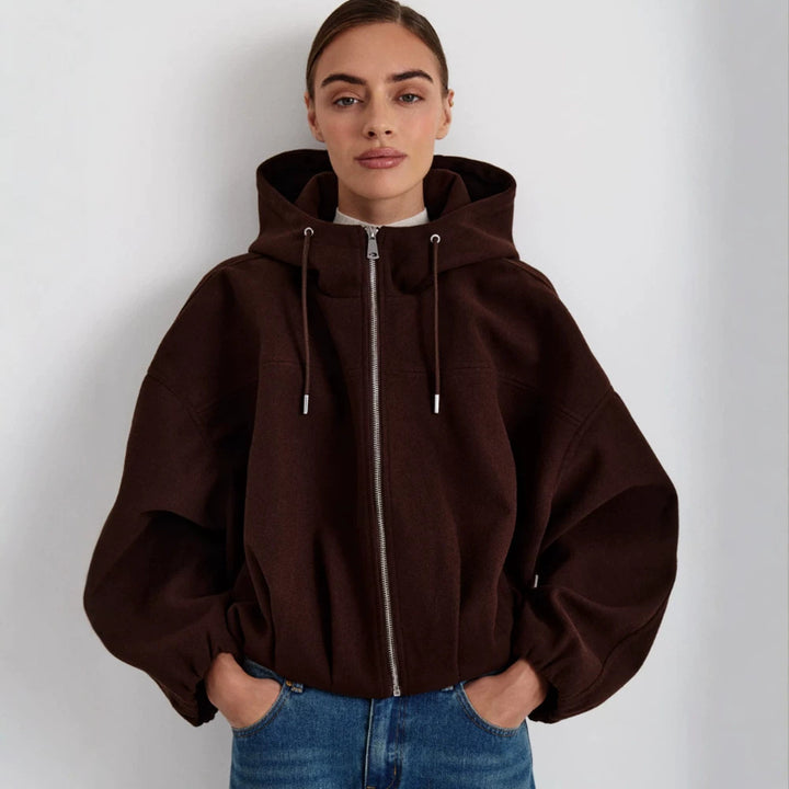 Women’s short jacket made of wool blend with hood, boxy silhouette & gathered hem Mune Fashion