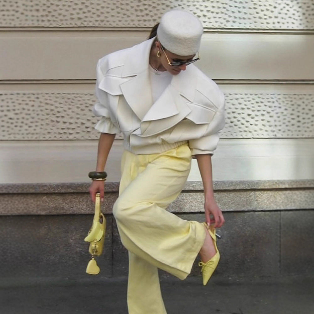 Women's Oversized Boxy Blouse with voluminous sleeves and high-cut pleated pants Mune Fashion