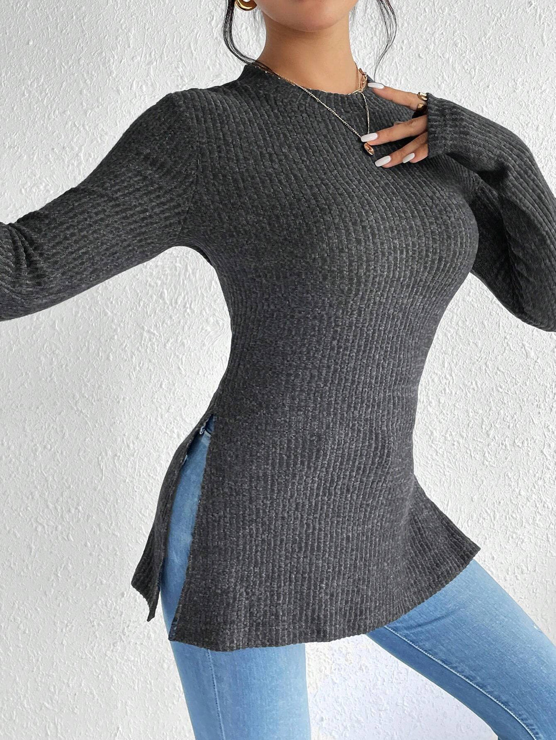 Women's Ribbed Tailored Fine Knit Sweater with Stand-up Collar, Long Sleeves and Side Slits Mune Fashion